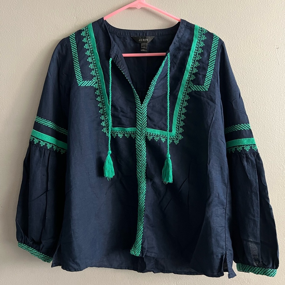 Women’s J. Crew Embroidered linen cotton top Blouse Navy Green Size 4 G5461 $88
